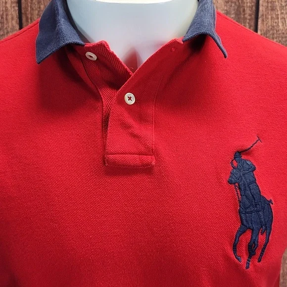 Vtg #3 Plaid Patch Large Pony Mens Red Custom Fit Blue Trimmed Polo - Picture 2 of 9